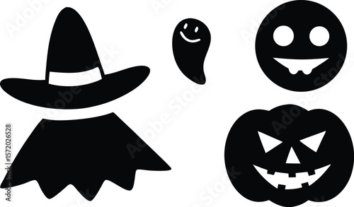 Photo of a black and white halloween scene features spooky pumpkins, ghosts, and a witchs hat