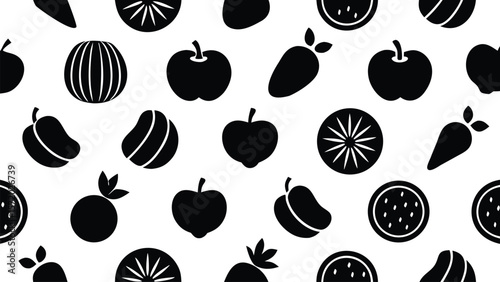 Photo of a seamless pattern of various fruit and vegetables in black silhouette on a white background