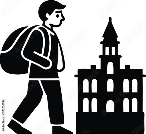 Photo of a silhouette of a man with a backpack walking towards a detailed building, possibly a landmark