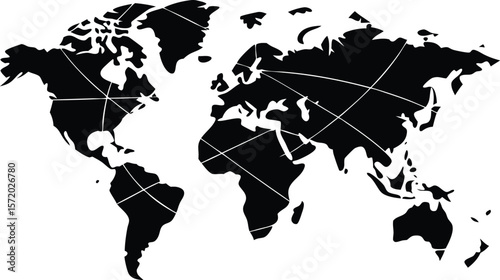 Photo of a black and white world map displays continents and countries with connecting lines