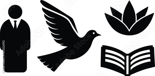 Photo of symbols of peace, knowledge, and spirituality are represented in black and white