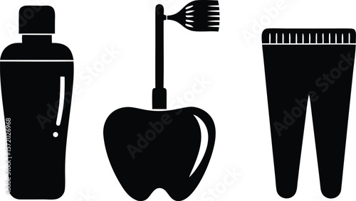 Photo of a minimalist black and white illustration of mouthwash, toothbrush, and pants for hygiene and personal care