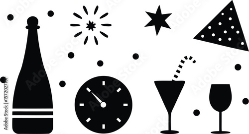 Photo of a festive new years eve celebration with champagne, clock, and party decorations in black and white design