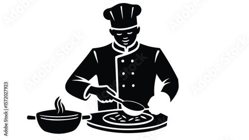 Photo of a professional chef expertly prepares a gourmet meal in a bustling kitchen