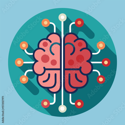 Digital brain concept illustrating artificial intelligence and data processing in a colorful flat design style