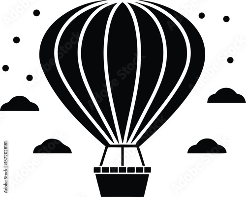Photo of a hot air balloon soaring through the sky with clouds and stars, representing adventure and travel