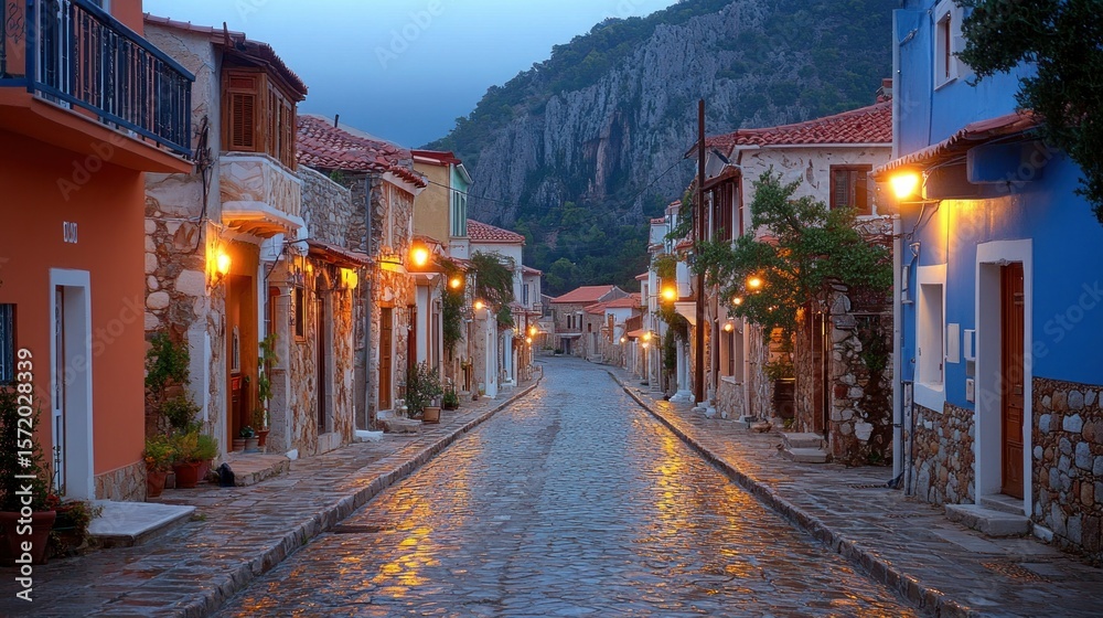Obraz premium Colorful village street at dawn