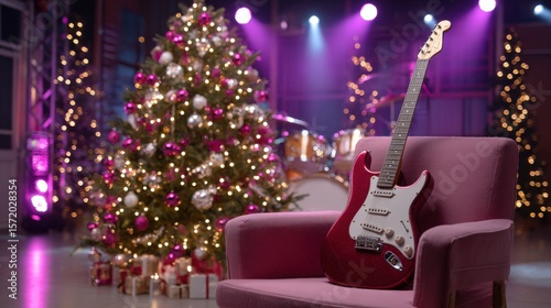 A red electric guitar rests on a pink armchair in a festive setting with a decorated Christmas tree and stage lights in the background.