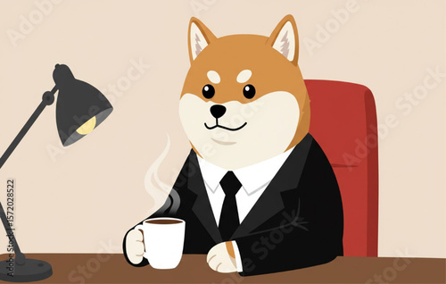 Shiba Inu in Suit Working at Desk with Coffee