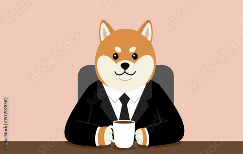 Shiba Inu in Suit Working at Desk with Coffee
