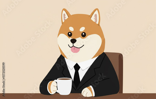Shiba Inu in Suit Working at Desk with Coffee