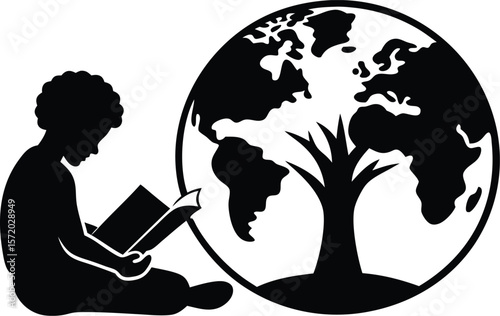 Photo of a child reads a book next to a globe with a tree, symbolizing global education and learning