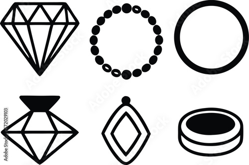 Photo of a collection of jewelry icons, including diamonds, beads, and rings, represents luxury and fashion