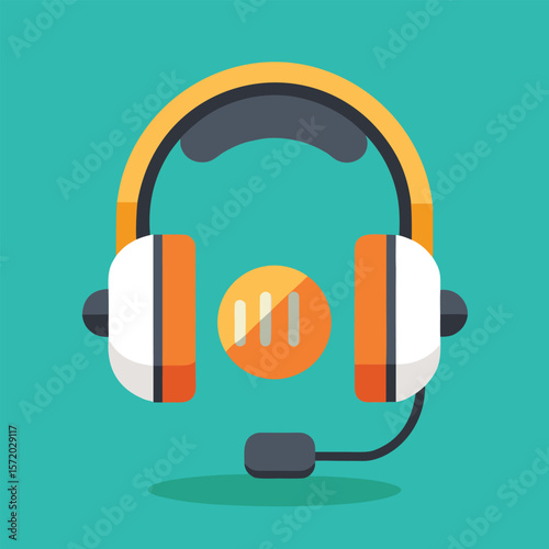 Illustration of orange and white headphones with mic and audio volume bar on turquoise background