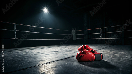 Boxing ring with red gloves on canvas for boxing match training and fitness background and wallpaper stock photo
