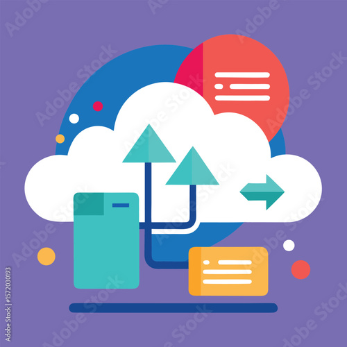 Cloud computing technology with data transfer and information display represented by vibrant graphic elements and flat design.