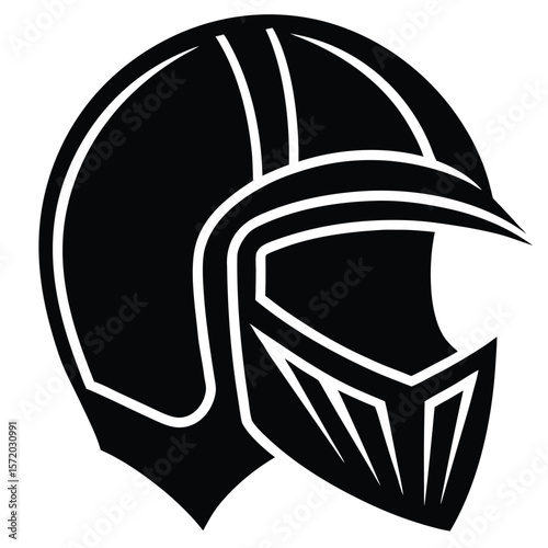 An abstract black and white motorcycle helmet displays sharp and defined edges with precision