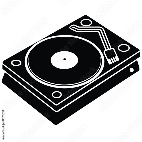 A stylized turntable with a vinyl record is displayed in this black and white graphic