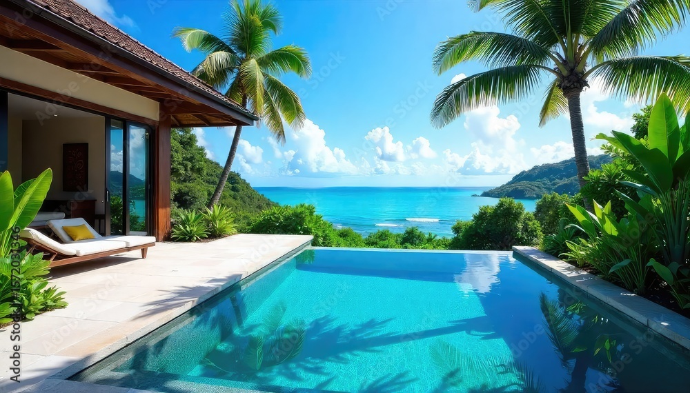 Fototapeta premium Luxury villa with private pool, stunning ocean views, and lush tropical gardens Perfect for a relaxing getaway , accommodation, luxury
