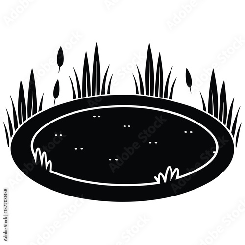 Black pond is surrounded by marsh plants in this monochrome with transparent background