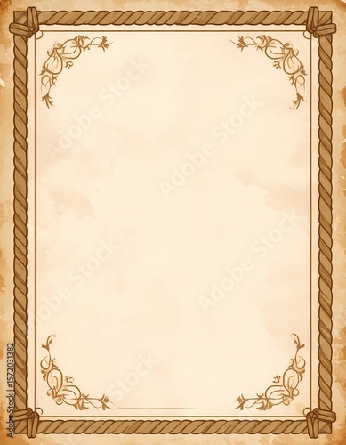 Vintage Parchment Frame with Rope Border and Floral Corner Accents. Vintage poster background with rope frame. 