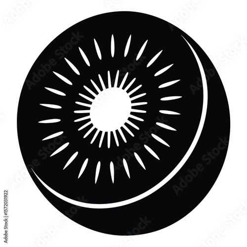 Sliced kiwi fruit presents a stylized silhouette showing seeds and partial peel with transparent background