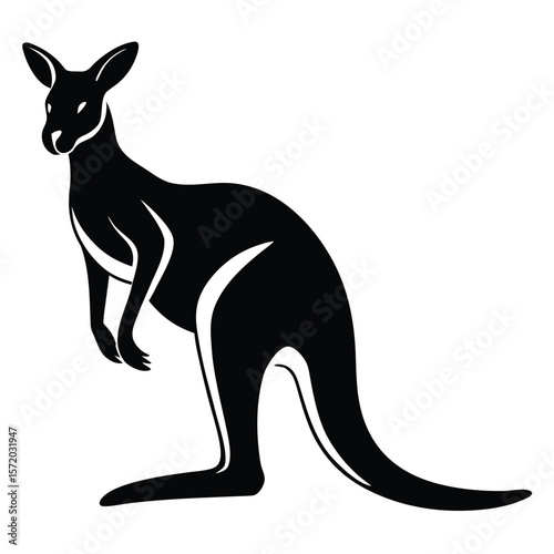 Black silhouette of a kangaroo standing upright displays its distinctive features on a white background