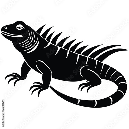 Silhouette shows iguana with curved tail and spiky back on transparent background