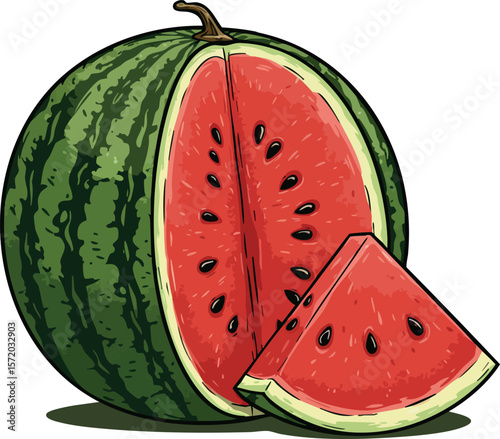 Watermelon fruit slice illustration with green rind and red flesh vector graphic
