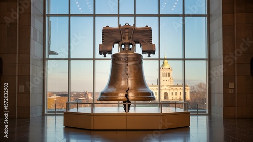 liberty bell, The Liberty Bell Displayed in Museum with Cityscape View Through Window