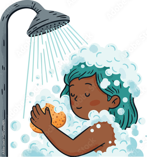 Child Washing Hair in Shower with Sponge and Soap Bubbles Daily Hygiene Routine