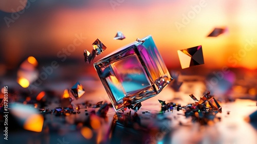 Abstract, vibrant, shattered cube, iridescent glass, floating in colorful bokeh