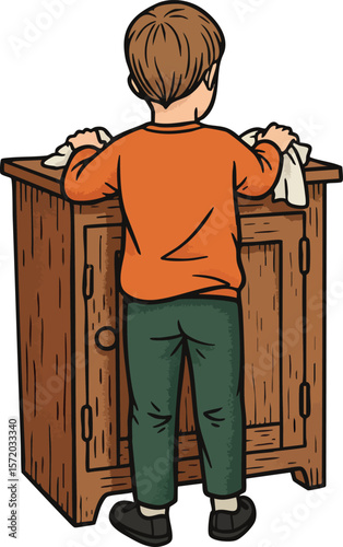 Boy cleaning wooden cabinet in casual clothes with orange shirt and green pants vector illustration