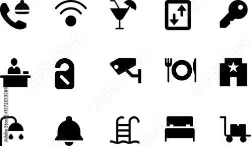 Hotel & Hospitality Silhouette Icons – Bellhop, Bed, Room Key, Concierge & More