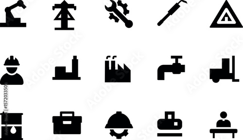 Industrial & Factory Silhouette Icon Bundle – Factory, Conveyor Belt, Gear & Wrench, Oil Barrel, Hard Hat