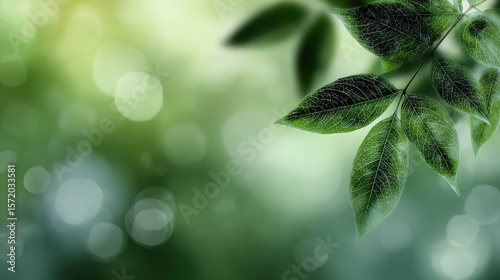 Peaceful green gradient with floating bokeh lights, complemented by elegant leaf details for nature and wellness-themed designs.
