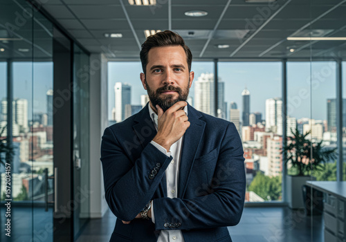 Confident businessman in a suit, posing in a modern office setting with a city view
