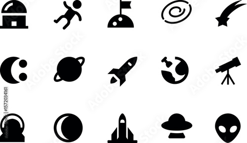 Space & Astronomy Silhouette Icon Bundle – Rocket Launch, Planet with Rings, Astronaut Helmet, UFO, Telescope, Solar Eclipse & More Celestial Icons