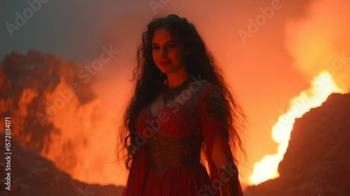 Mystical Enchantress Standing Tall Amidst Fiery Realm with Unwavering Determination