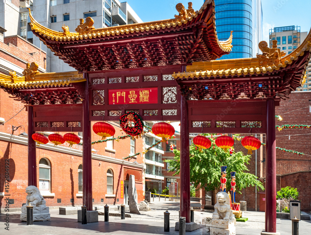 Fototapeta premium Chinese Pagoda in Chinatown Melbourne, an ethnic enclave with laneways, alleys and arcades. Established in the 1850s, it is the oldest Chinatown in the Southern Hemisphere. Australia 2019