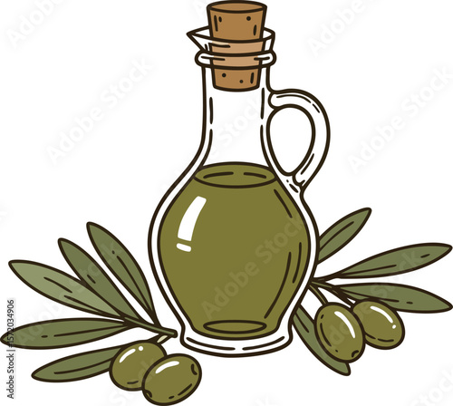 Olive oil bottle with olives and leaves natural cooking ingredient vector illustration