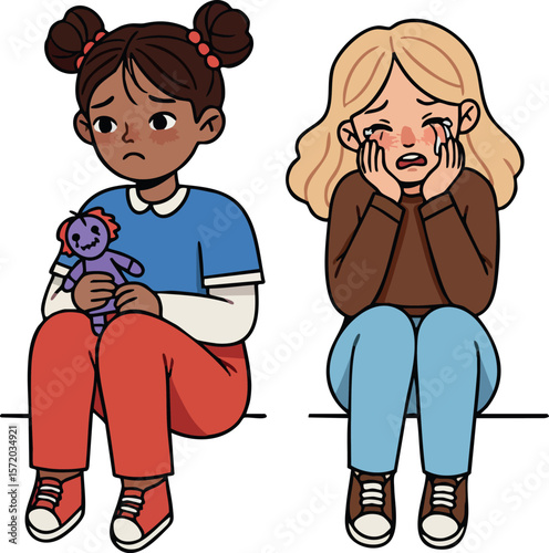 Two sad little girls sitting side by side with comforting teddy bear illustration