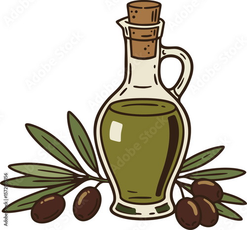 Olive oil bottle with olives and green leaves natural cooking ingredient vector illustration
