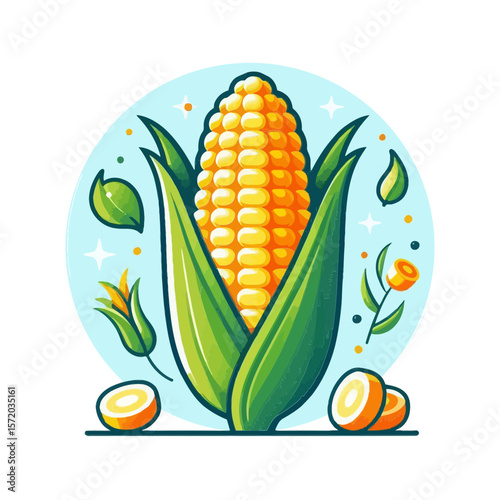 A smiling ear of corn with husks, surrounded by leaves and orange slices. Ideal for websites/blogs on agriculture, healthy eating, autumn harvest, or natural food.

