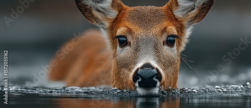 Close up portrait of a young deer's face partially submerged in clear water