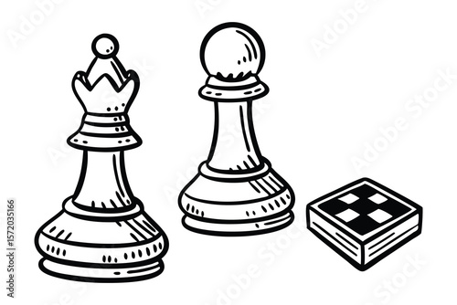 Black and white chess pieces with a game board graphic in a simple hand drawn style