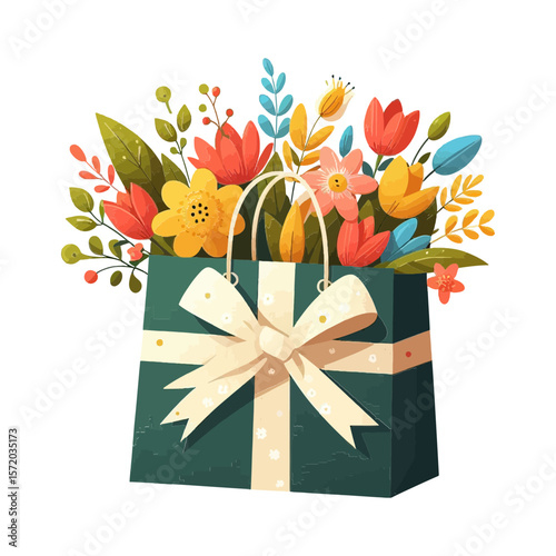 A gift bag overflowing with colorful flowers and foliage, tied with a bow. Ideal for websites/blogs on gifts, celebrations, nature, floral arrangements, or special occasions.

