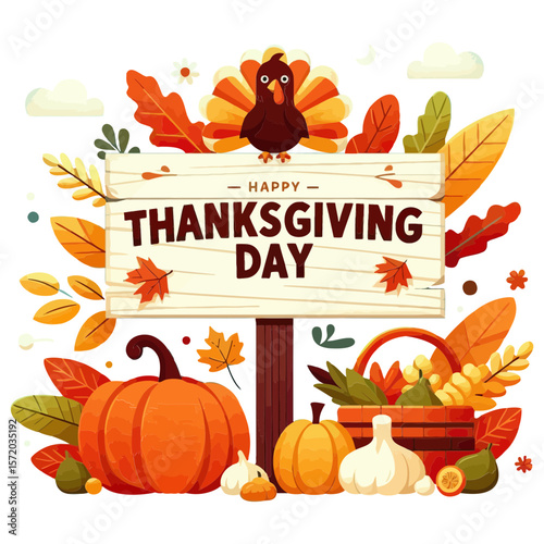 A "Happy Thanksgiving Day" sign with a turkey, pumpkins, and autumn leaves. Ideal for websites/blogs on Thanksgiving, autumn holidays, harvest festivals, or seasonal recipes.

