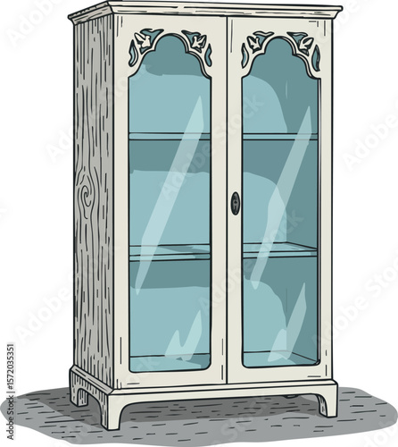 Vintage wooden glass display cabinet with decorative carving and reflective surfaces