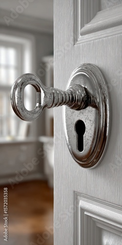 Ornate metal key inserted into a white door's keyhole interior room background